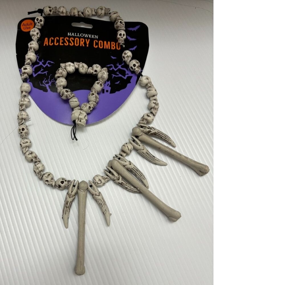 Halloween Skull Necklace & Bracelet Combo Caveman Teeth 18" Costume Accessory